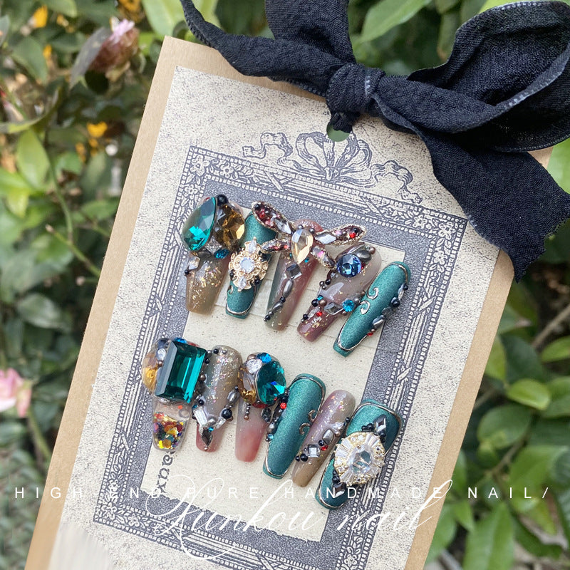 (Hand-Made Nail) Handmade Wear Nail Factory Straight Hair Quicksand Manicure Green Fat Red Thin Gem Box Flash Dragonfly Diamond in the Debris Flow Hemp