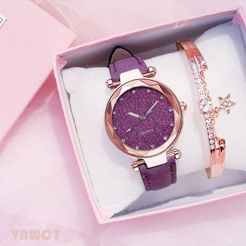 Fashion women's watchForeign Trade Popular Style Silver Pink Rhinestone Face Women's Watch Frosted Leather Watch Strap Women's Casual Trend Two-Piece Set Wrist Watch