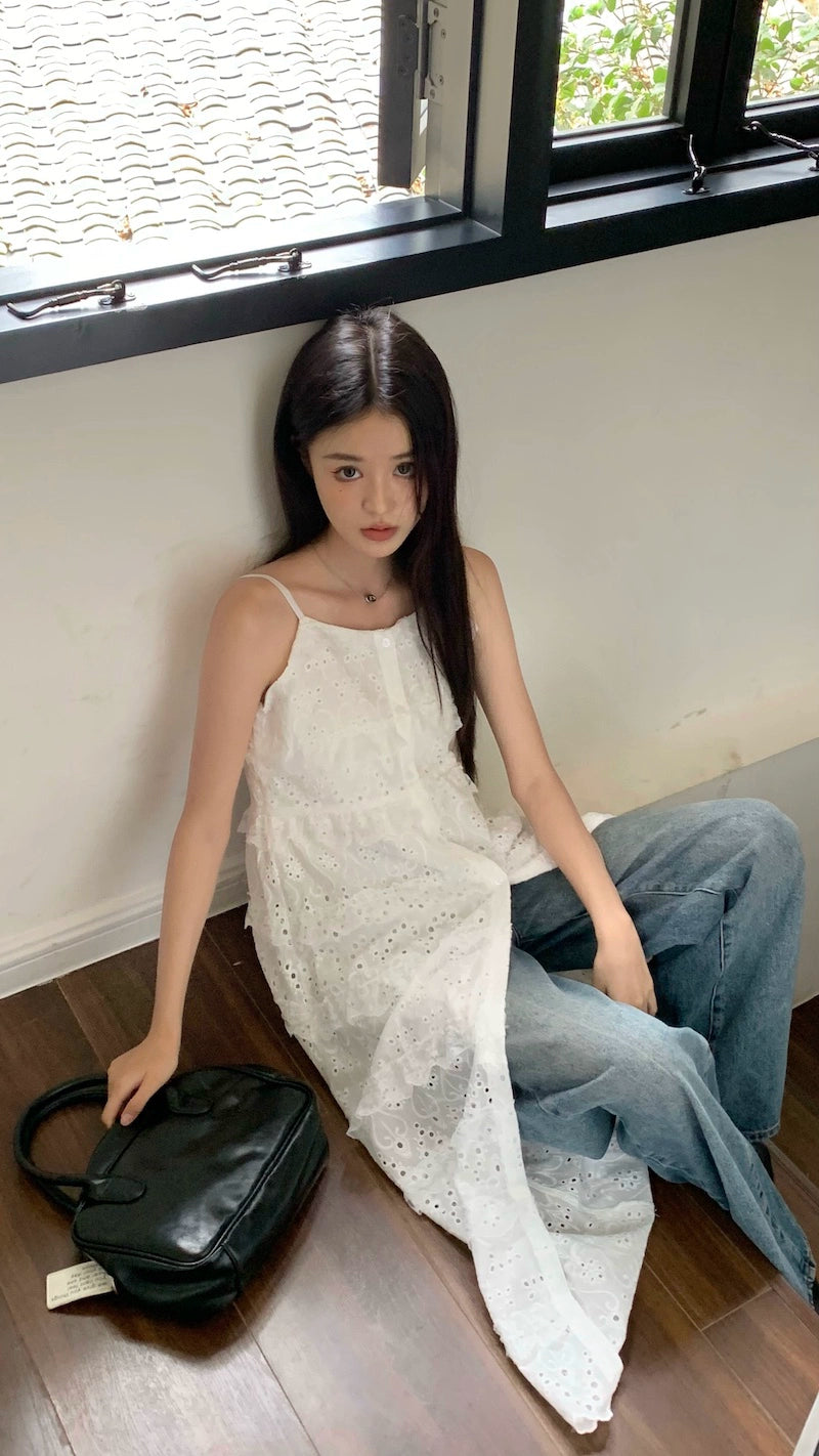 Fashion women's wear Fashionable Embroidery Hollow out Sweet Spaghetti-Strap Dress Women's Clothing Spring 2024 New Mid-Length Waist Split Skirt