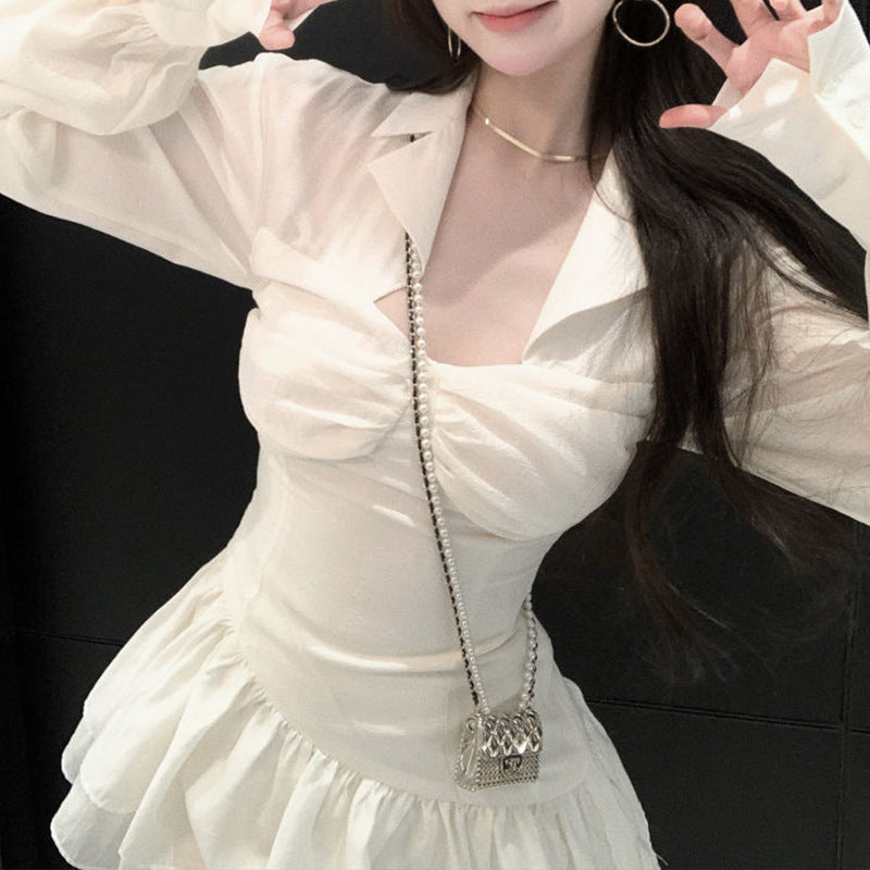 Fashion women's wear Sweet Hot Girl Long-Sleeved Shirt Dress Women's Spring and Autumn Pure White Square Collar Pleated Waist Tight Slimming Puff Short Skirt