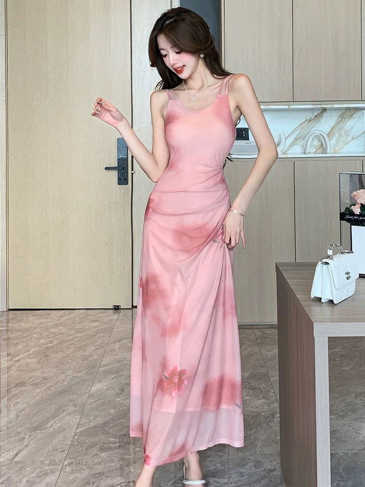 Fashion women's wear Gentle Pink Mori Dress Design Sleeveless Camisole Dress Women's Summer Fashion Tie-Dye A- line Dress