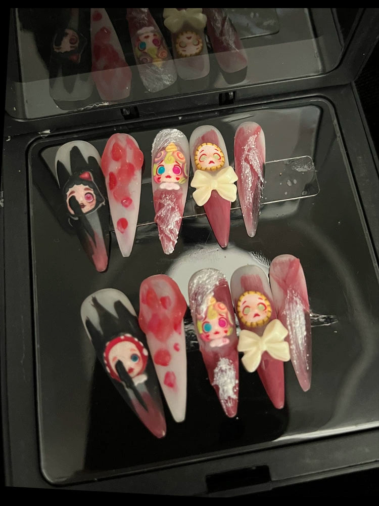 (Hand-made nail) red wearing armor long high-end sweet cool Japanese hot girl European and American handmade personality cyberpunk New Year's nail art