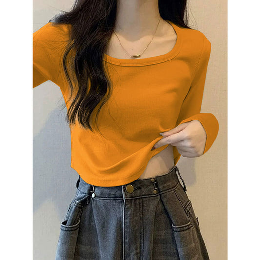 Dopamine tops Free shipping Tattoo Dopamine Wear Pumpkin Orange Shoulder Long Sleeve T-Shirt Women's Early Autumn Spice Girl Slim Short Square Neck Bottom Shirt Top