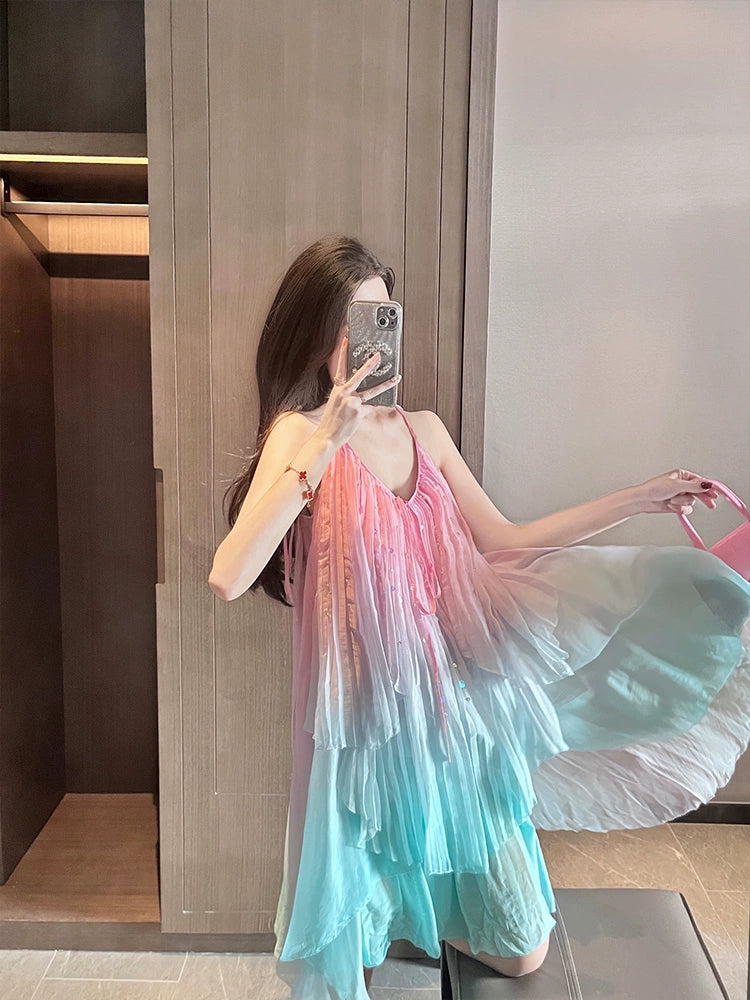 Fashion women's wear Seaside Vacation Sling Dress Women's 2024 Summer New Seaside Photograph Clothes Super Fairy Gradient Skirt Beach Skirt