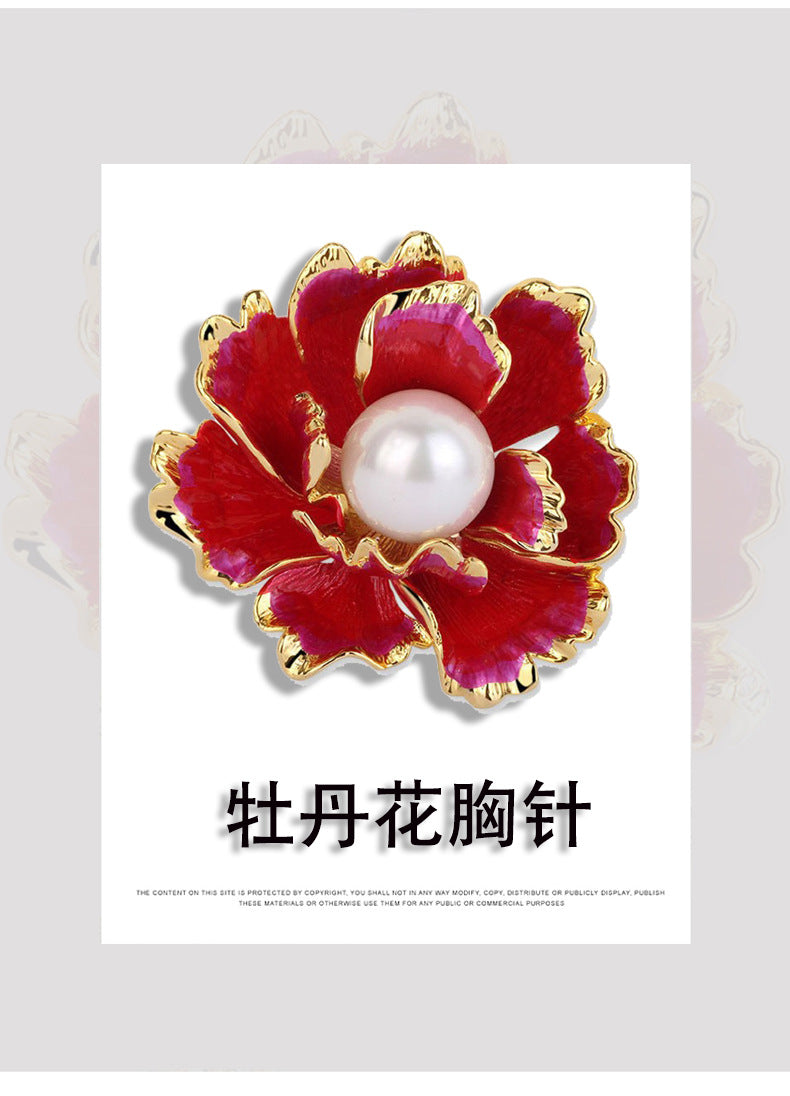 配饰胸针复古中国风牡丹花朵胸针高档珍珠别针胸针 女士滴油合金胸花批发