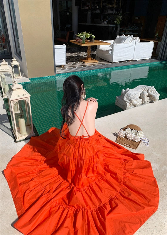 Fashion women's wear Yunnan Travel Photography Fairy Dress Orange Deep V-neck Backless Sling Dress Sanya Seaside Beach Skirt Female