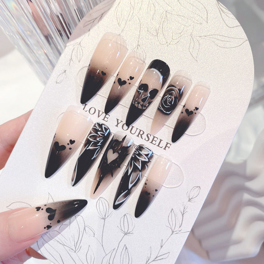 Fashion  nail Halloween Skull Night Rose Fake Nail Patch Dark Punk Fashion Manicure Wear Nail Tip Finished Product B68