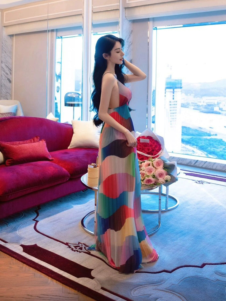 Fashion women's wear Rainbow Striped V-neck Strap Dress Women's Summer Beach Dress Sanya Vacation Style Sexy Backless Slim Fit Long Dress