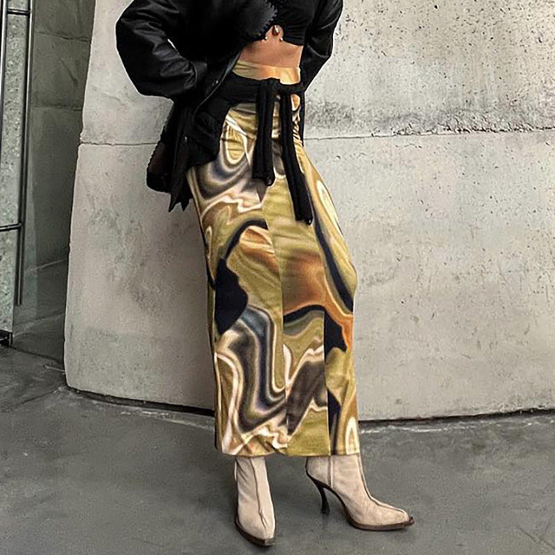 Fashion women's wear M22sk531 Autumn New 2024 High Waist Sheath Print Pleating Casual Fashion   Women's Skirt