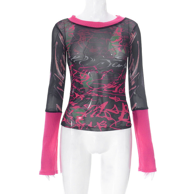 Fashion women's wear Q22tp540 Autumn New 2024 round Neck Pullover Long Sleeve Mesh Printed Casual  Women's Clothing Top T-shirt