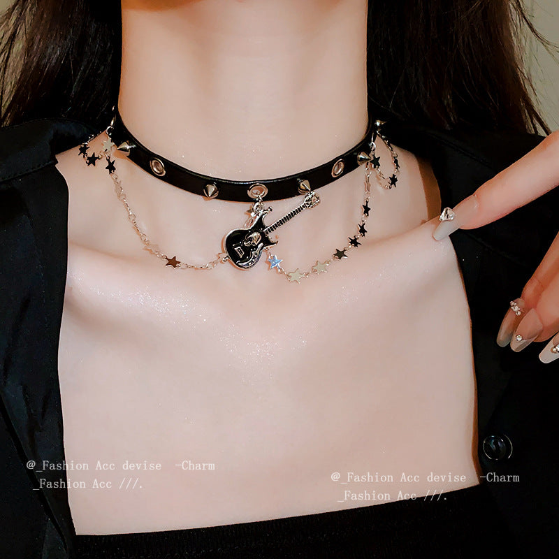 皮革星星骷髅头吉他项链choker小众辣妹颈链甜酷风百搭饰品批发女