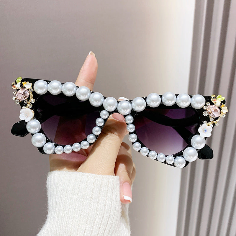 Women's fashion glasses 跨境镶珍珠太阳镜大框架舞会镶钻墨镜女沙滩太阳镜沙雕拍照眼镜
