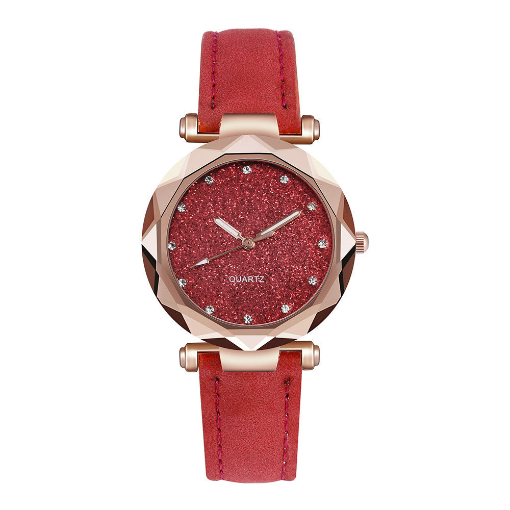 Fashion women's watchForeign Trade Popular Style Silver Pink Rhinestone Face Women's Watch Frosted Leather Watch Strap Women's Casual Trend Two-Piece Set Wrist Watch