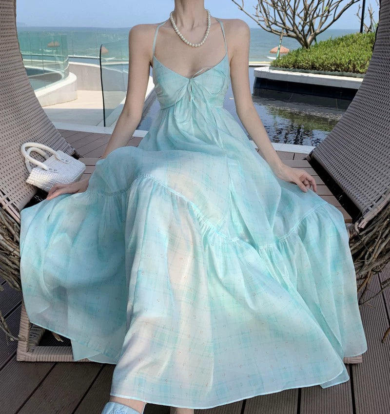 Fashion women's wear French Pure Desire Style Sexy Backless Halter Sling Dress Fairy Temperamental Beautiful Seaside Vacation Beach Dress