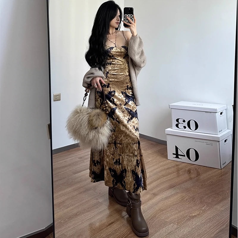 Fashion women's wear Wilderness Butterfly Printing Slip Dress 2024 Autumn New Hot Girl Sexy Slim Fit Slimming Sheath Dress