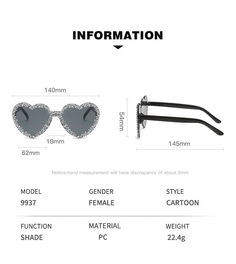 Women's fashion glasses 新款爱心连体镜片无框镶钻猫眼太阳镜跨境时尚女士墨镜桃心渐变色