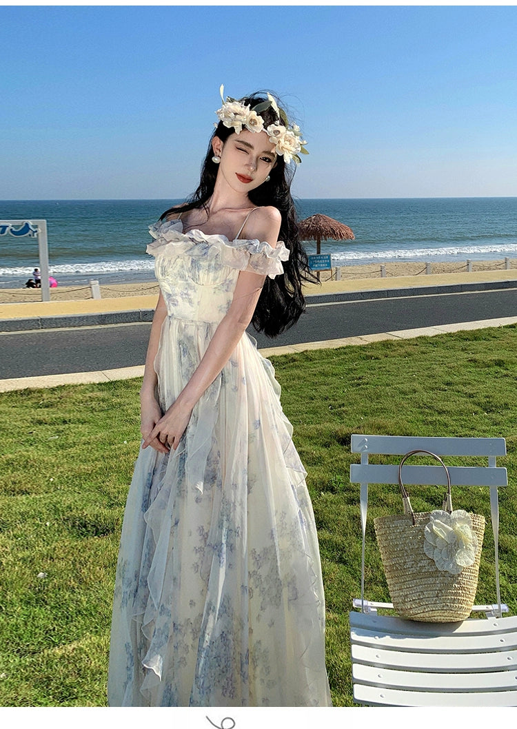Fashion women's wear Seaside Vacation Style Suspender Skirt Yarn French Ruffled Beach Dress Atmosphere Long Skirt Elegant Fairy Style