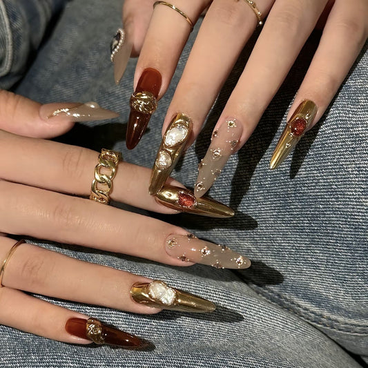 (reusable nail)【 Drunken by paper and obsessed with gold 】 Nail manicures, fake nails, honey silk lotus, the same gemstone, Baroque high-end feeling, bride light luxury, high-end