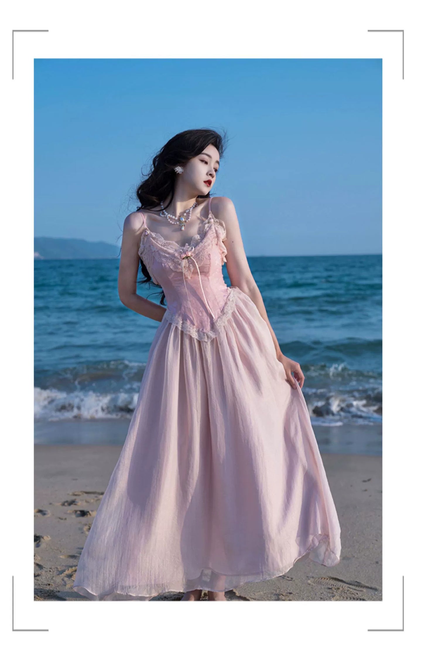 Fashion women's wear French Fried Street Tea Break Milk Sweet Escape Princess Dress Sweet Salt Pink Roses Pure Desire Beautiful Sling Dress