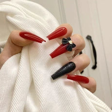 (Hand-made nail) Spice girl Europe and America, dark and long manicure nail, ballet nail, flat head, white, fake nails, wearing beautiful patch, finished product.