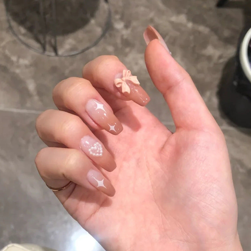 奶茶渐变爱心蝴蝶结美甲成品甲片美甲假指甲片指甲贴片穿戴美甲片