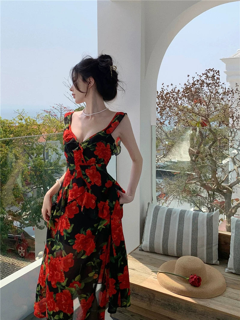Fashion women's wear French Retro Tea Break Sling Ankle-Length Dress Women's Summer Seaside Holiday V-neck Rose Backless Slimming Dress