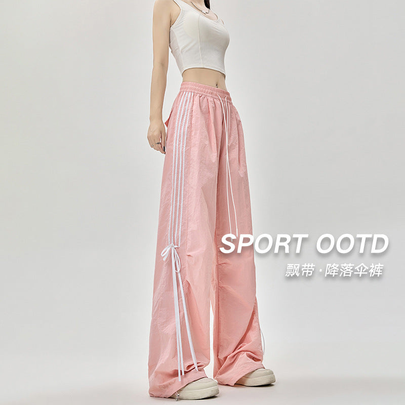 Dopamine pants Free shipping Tattoo American dopamine parachute overalls women's summer bow streamer dancing pants wide-leg ice silk quick-drying pants