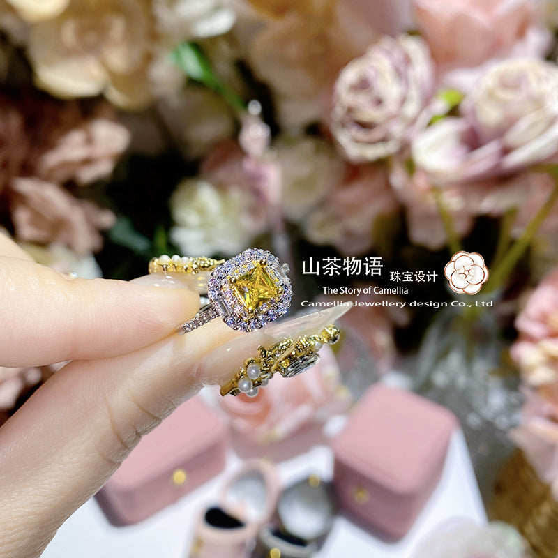 山茶跨境新品欧美简约正方形锆石戒指 仿真黄钻时尚公主方钻女戒