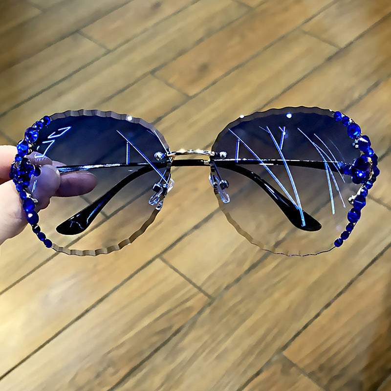 Women's fashion glasses 2021跨境网红ins墨镜女镶钻韩版潮个性水晶无框防紫外线太阳镜女