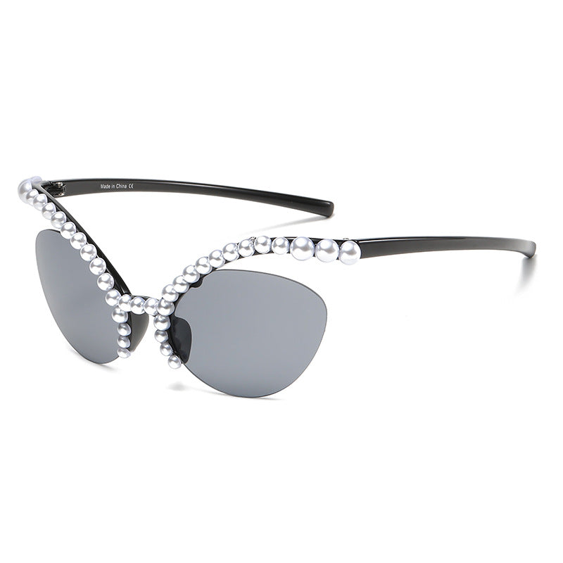 Women's fashion glasses 2023欧美异形框蜻蜓镶钻墨镜潮流水晶珍珠太阳眼镜户外防晒显瘦女