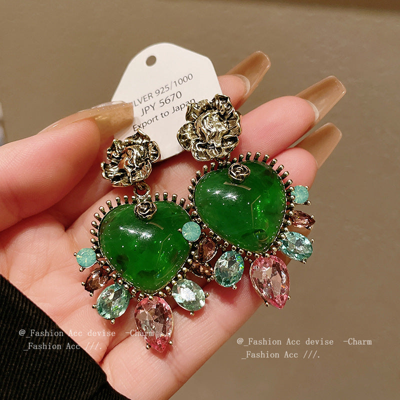 中古银针镶钻花朵爱心耳环夸张复古设计感耳坠小众宫廷风耳饰批发