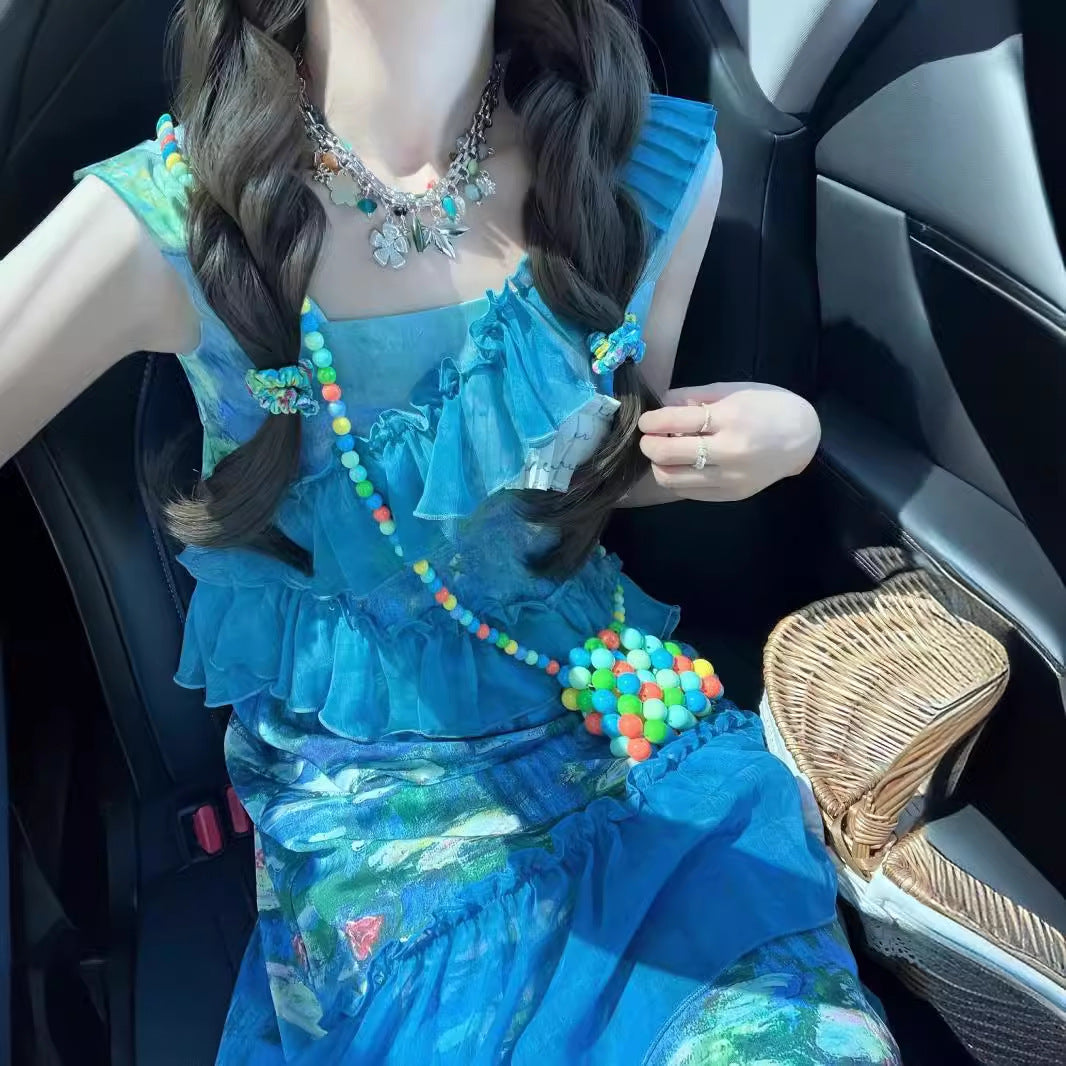 Dopamine dress Free shipping Tattoo Platycodon coffee break French sleeveless dress summer dopamine wear irregular design sweet temperament long dress