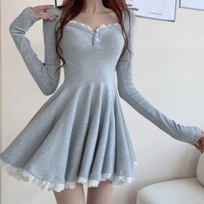 Fashion women's wear Gray Hot Girl Long Sleeve Dress Women's Clothing Autumn Sweet Lace Small Temperament Waist-Controlled A- line Skirt