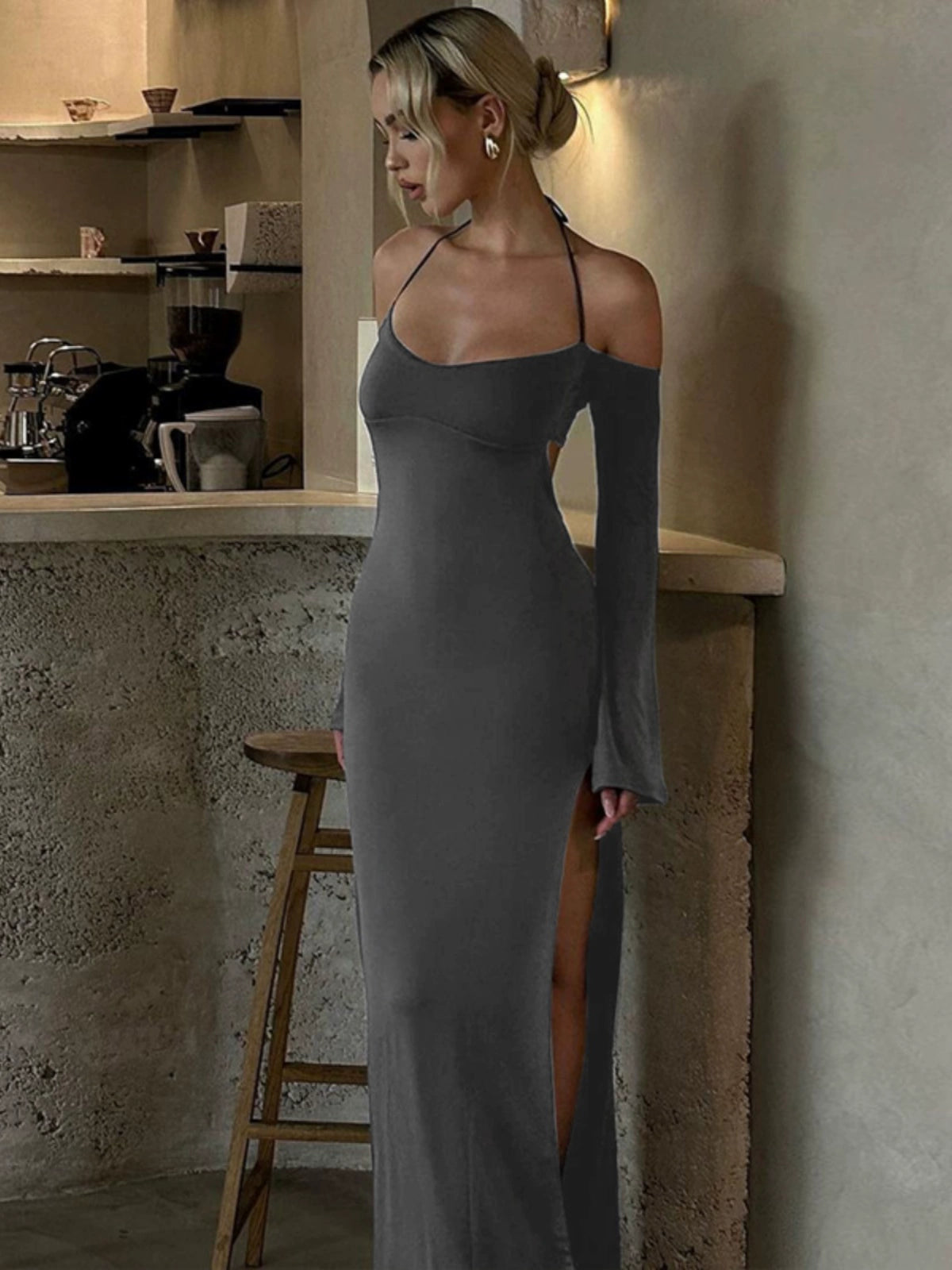 Fashion women's wear Slimming off-Shoulder Long Sleeve Halter Dress Early Autumn New Hot Girl Sexy Backless Sheath Split Dress Fashion