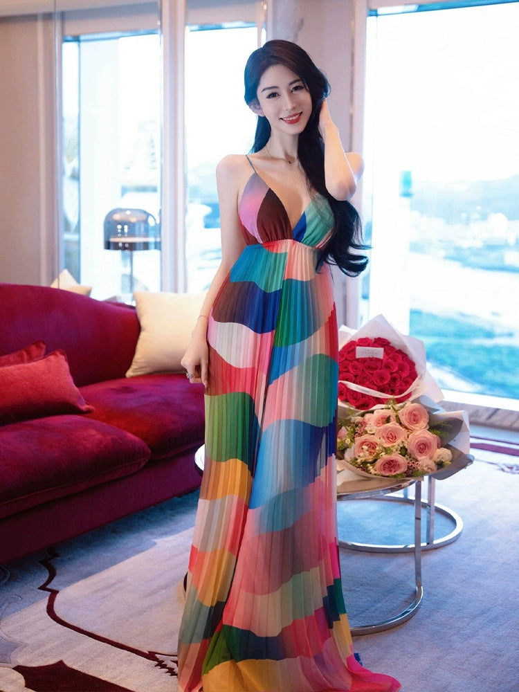 Fashion women's wear Rainbow Striped V-neck Strap Dress Women's Summer Beach Dress Sanya Vacation Style Sexy Backless Slim Fit Long Dress