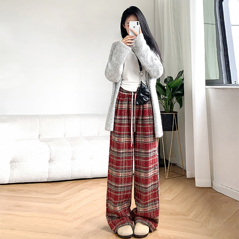 Free shipping  fashion style plaid casual pants women's dopamine wear design sense wide-leg thin straight trousers pants