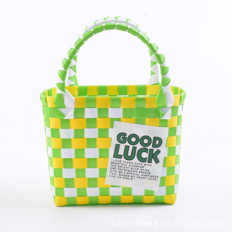 Dopamine Bag Free shipping Tattoo Cartoon dopamine plastic woven bag, trendy macaron hand-woven vegetable basket bag, cute casual seaside beach bag