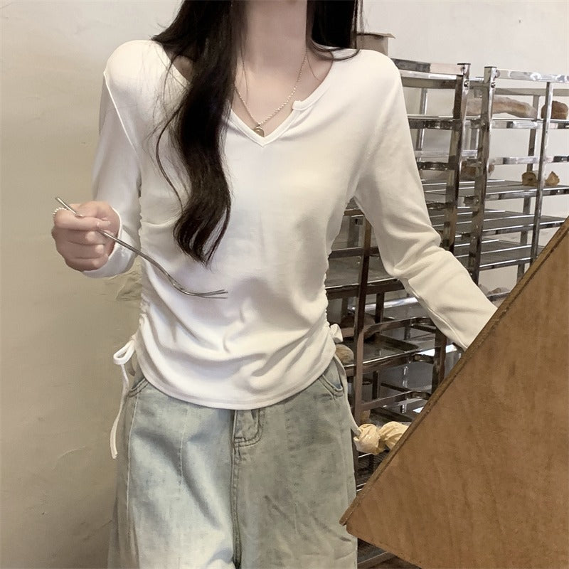Dopamine tops Free shipping Tattoo V-neck drawstring niche slim long-sleeved T-shirt women's autumn slim-fit design chic short top with bottoming shirt