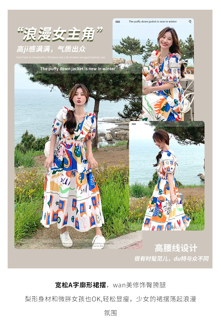 Dopamine dress Free shipping Tattoo Dopamine graffiti print dress women's summer 2024 new color art raw bubble sleeves age-reducing and thin dress