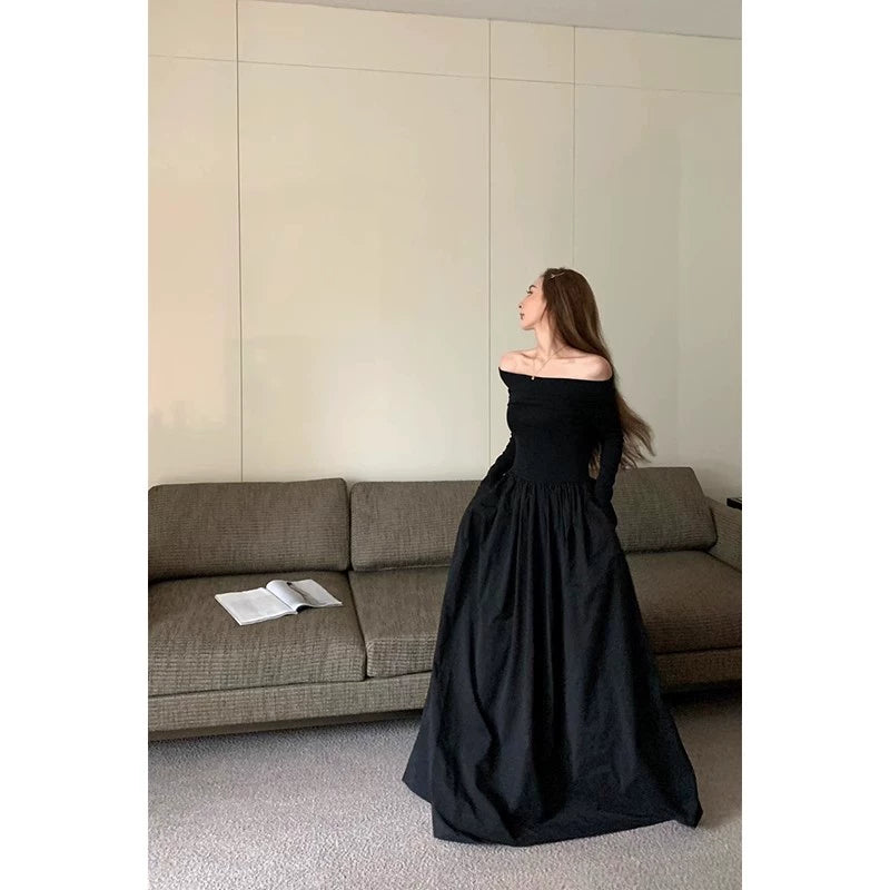 Fashion women's wear Retro Elegant off-Shoulder Long Sleeve Dress Women's Spring and Autumn 2024 New plus Size Plump Girls Waist-Tight A- line Long Skirt