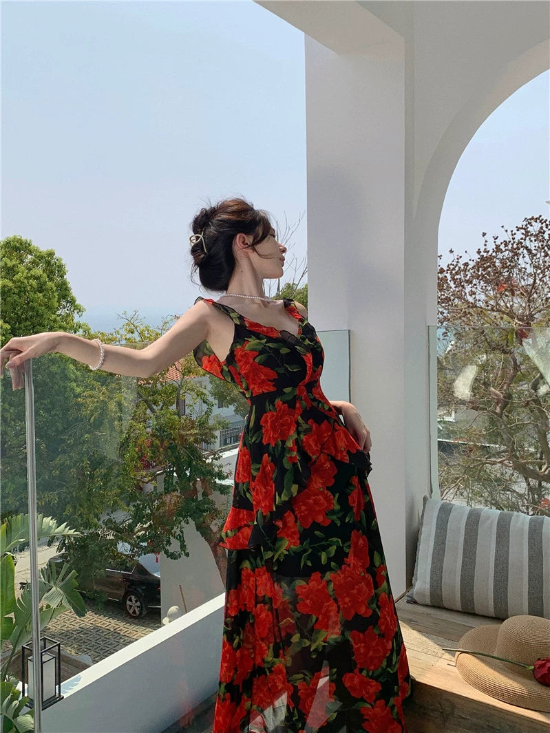 Fashion women's wear French Retro Tea Break Sling Ankle-Length Dress Women's Summer Seaside Holiday V-neck Rose Backless Slimming Dress