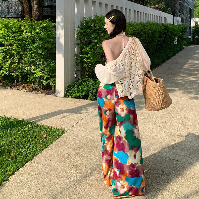 Dopamine pants Free shipping Tattoo 2024 oil painting color dopamine summer cool pants seaside vacation Yunnan Sanya travel style wide-leg trousers