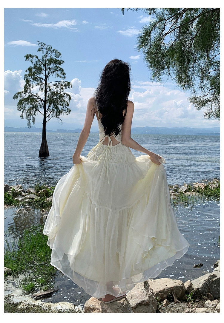 Fashion women's wear Tea Break French Advanced Sexy Backless Spaghetti Straps Dress Fairy Lady Super Fairy Gorgeous Seaside Vacation Beach Dress