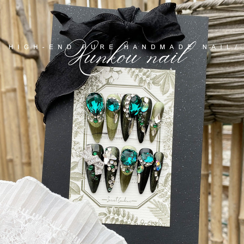 Hand-Made Nail Factory Straight Hair Green Cat Eye Flash Luxury Blue Smile Cat Eye Gradient Bow