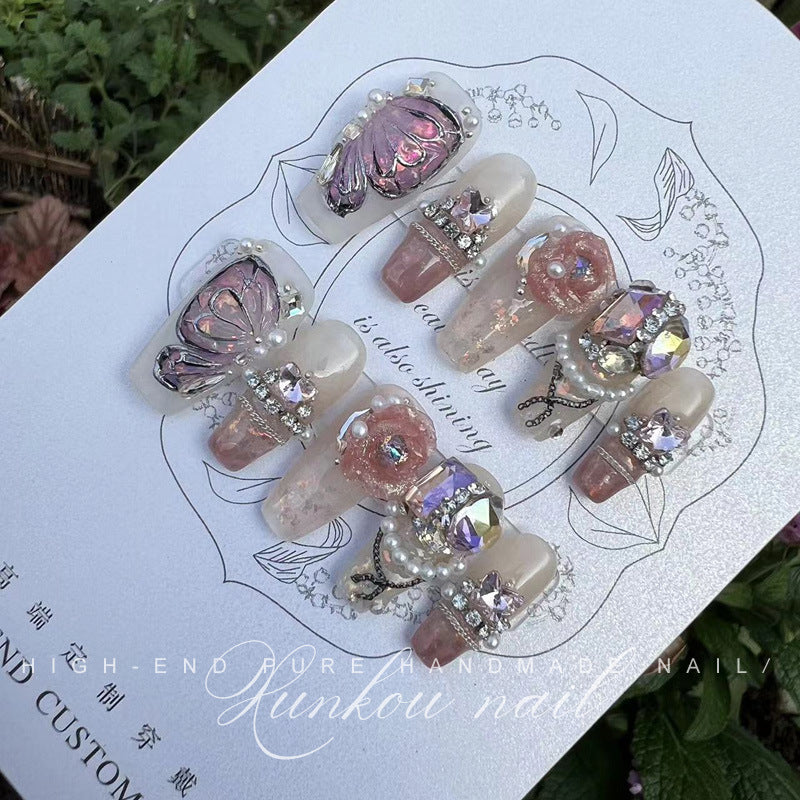 (Hand-Made Nail) Painted Pink Three-Dimensional Gradient Butterfly Handmade Wear Armor Finished Detachable Flash Aurora Diamond in the Debris Bride
