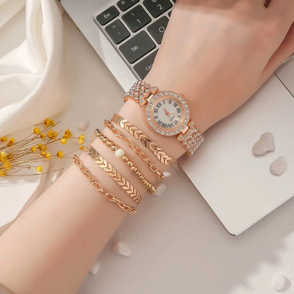 Women's fashion watch Casual fashion diamond set simple Roman pattern women's watch 6pcs gift box