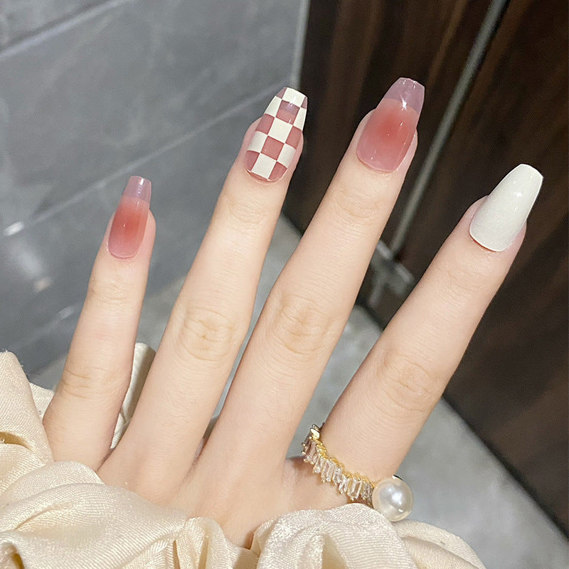 奶白棋盘格穿戴甲腮红指甲贴片芭蕾甲美甲片假指甲美甲贴成品甲片