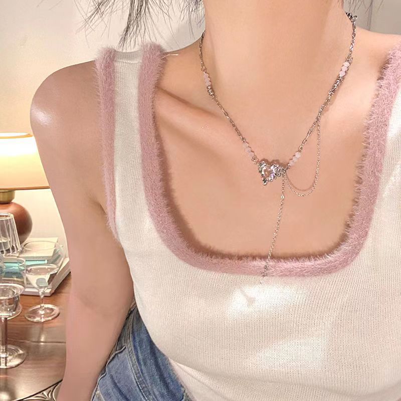 锆石爱心水晶项链小众甜酷风气质毛衣链甜美百搭设计感饰品批发女
