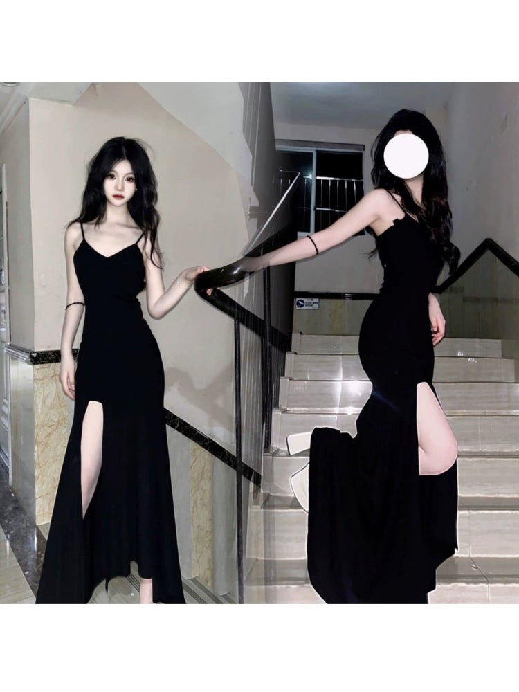 Fashion women's wear French Style Little Black Dress with Suspenders Women's Autumn 2024 New High-Grade Dress Sleeveless Slim Slimming Slit Dress
