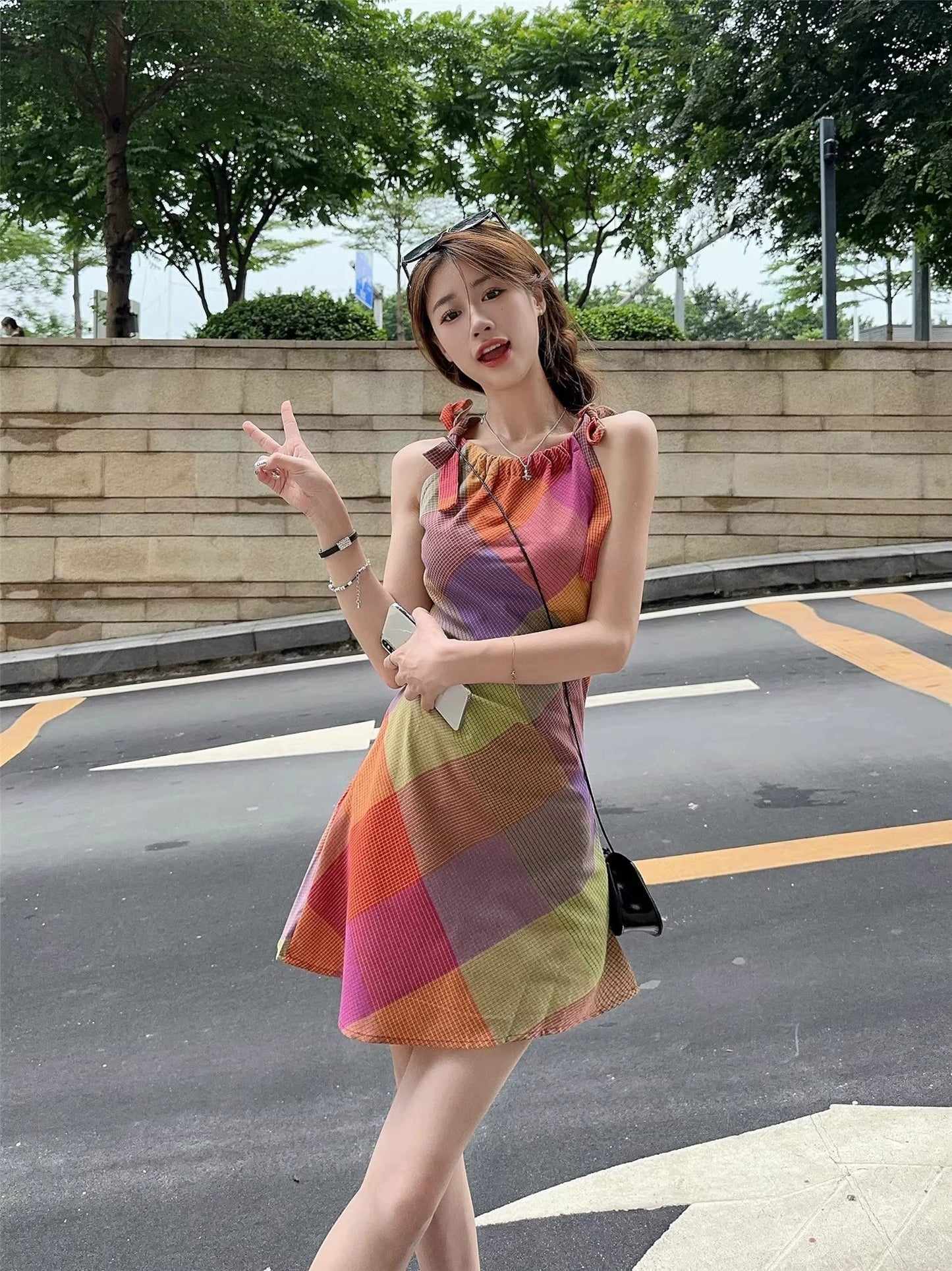 Dopamine dress Free shipping Tattoo Dopamine wears a chic neck sling skirt for women's summer 2024 new holiday style waist beautiful temperament dress